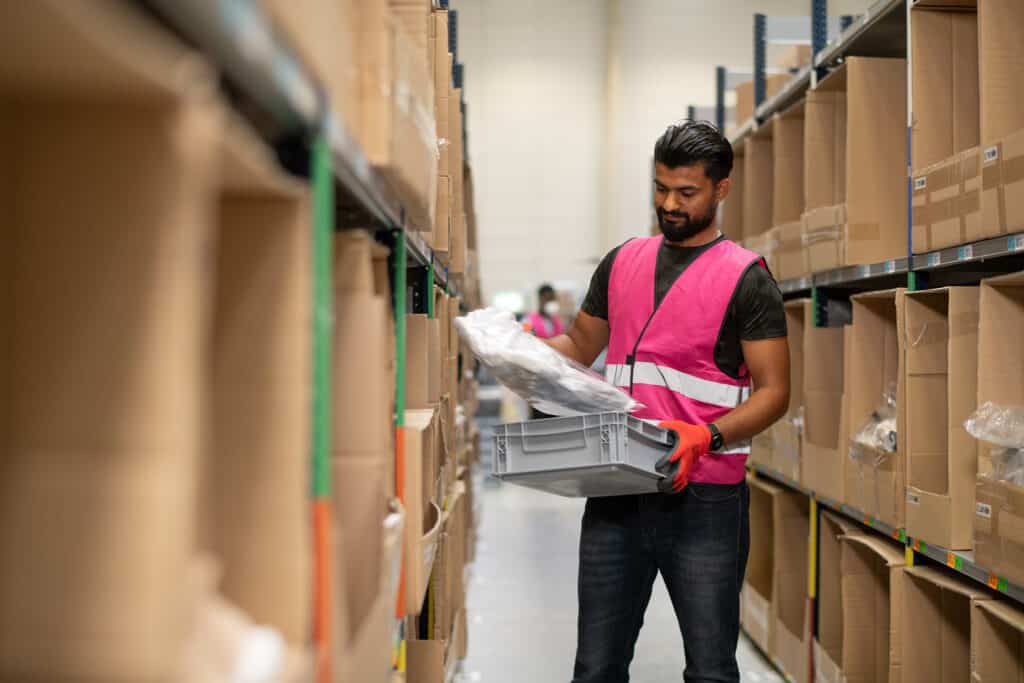 Un addetto al picking è in piedi in un magazzino 3PL e sta controllando la completezza dell'ordine.