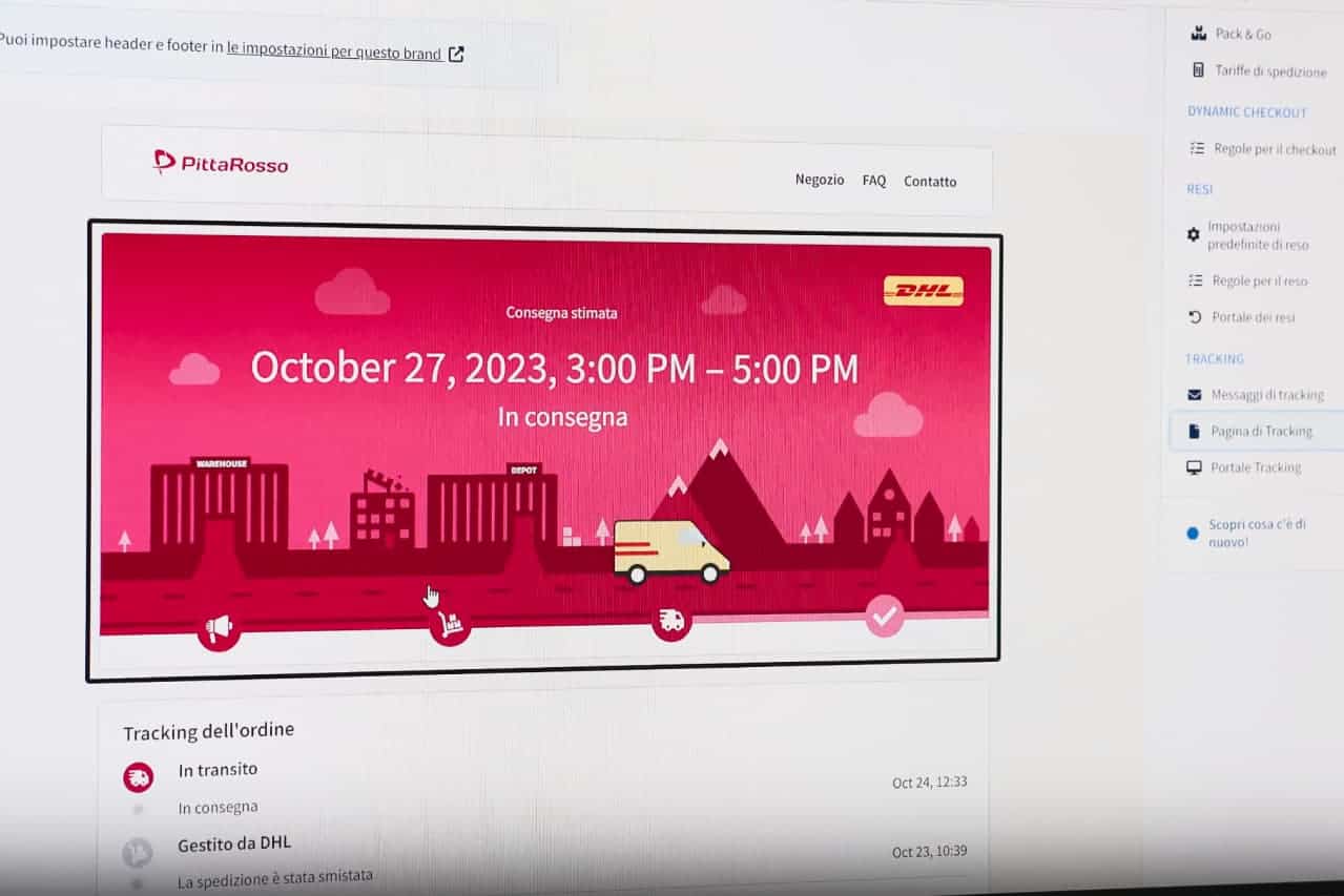 Pagina di tracking di Sendcloud personalizzata con il brand di Pittarosso